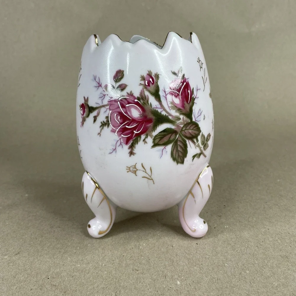 Vintage Porcelain Napcoware Pink Roses Gold Trim Cracked Egg‎ Boudoir Vase